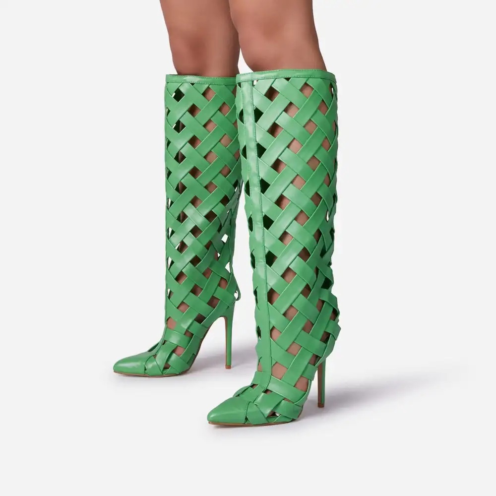 EGO TRACE WOVEN DETAIL CAGED POINTED TOE HEEL KNEE HIGH  IN GREEN FAUX LEATHER
